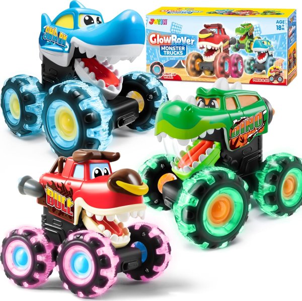 JOYIN 3 Pack Monster Truck Toy - Motion Activated Light Up Cars for Toddlers - Monster Glow Rover LED Wheels - Baby Boy Toys - Press and Go Dinosaur Trucks for Kids Boys Birthday Gifts for Christmas